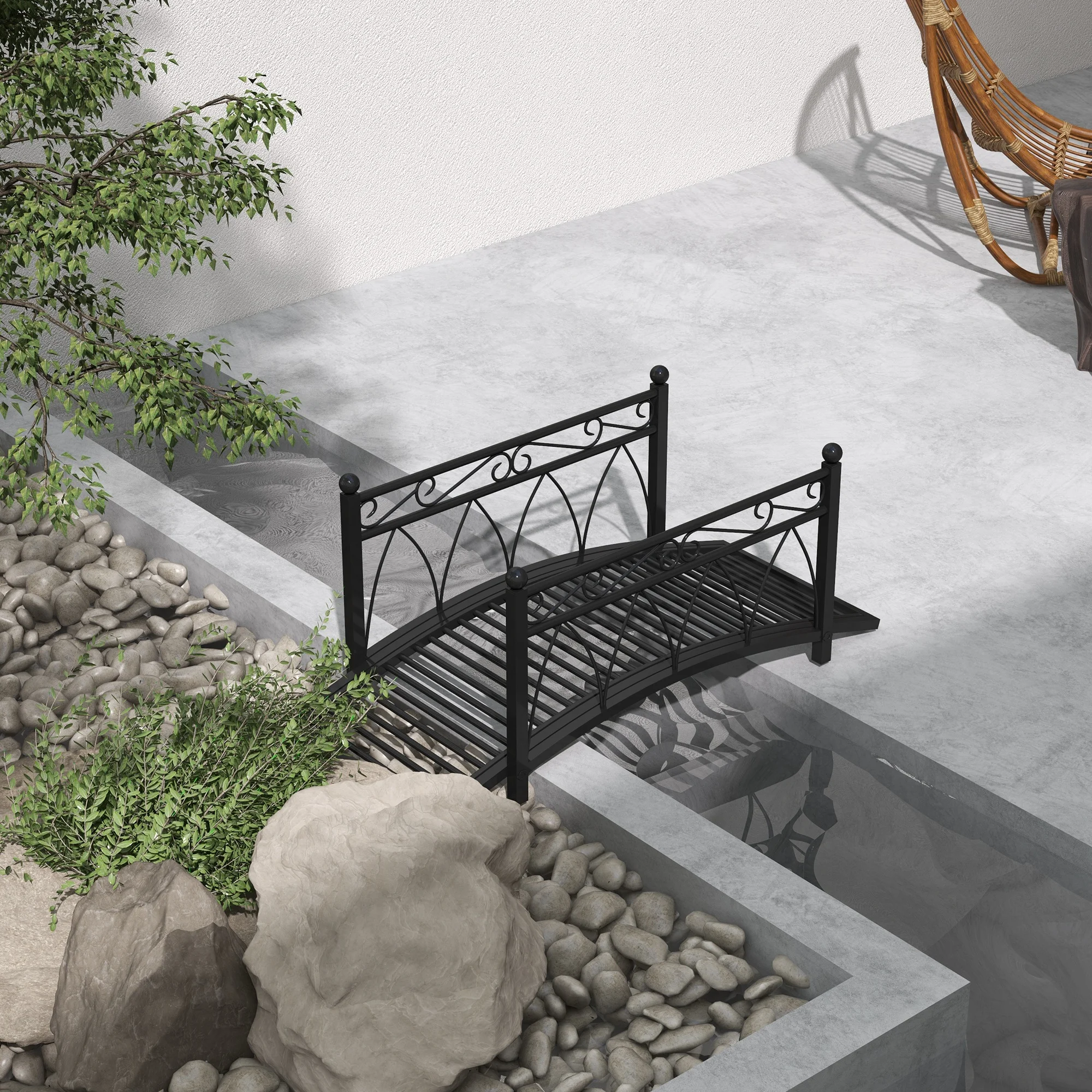 3.3' Metal Garden Bridge, Safety Railings, Spheres, Scrollwork for Pond, Stream