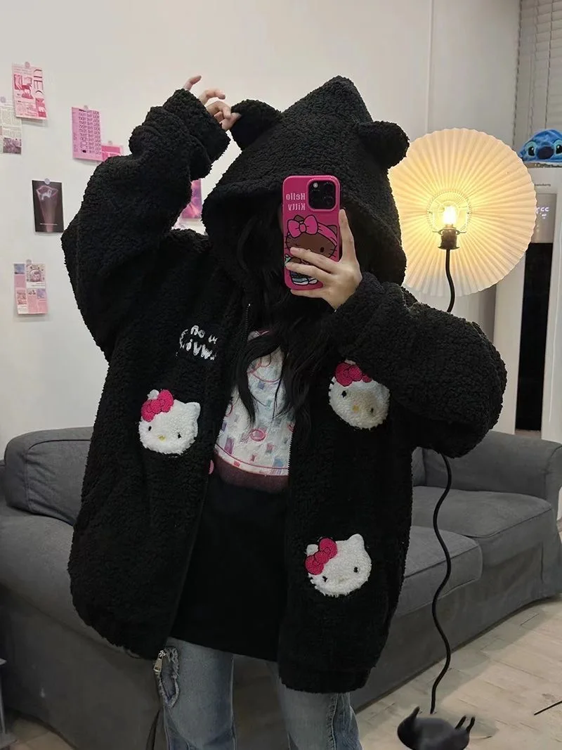 Miniso Black Hello Kitty Embroidered Autumn/Winter Lamb Fleece Coat Women Zipper Hooded Cardigan with Thick Fleece Jacket Women