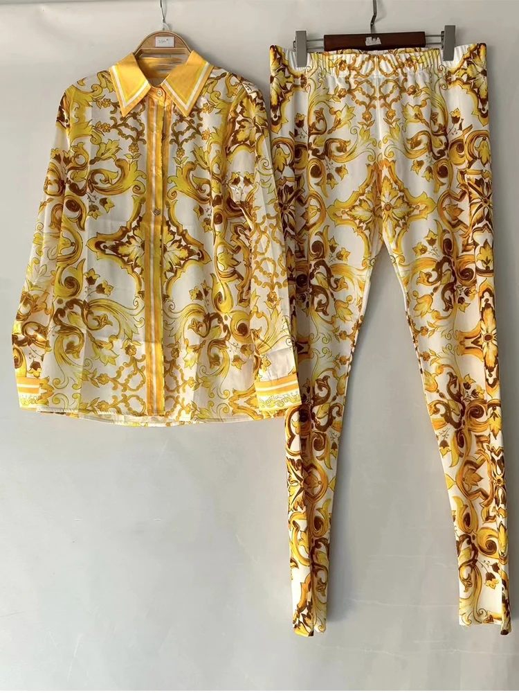 

Retro printed lapel long-sleeved shirt 2025 spring women's new suit+elastic waist slim elastic feet pants fashion two-piece suit
