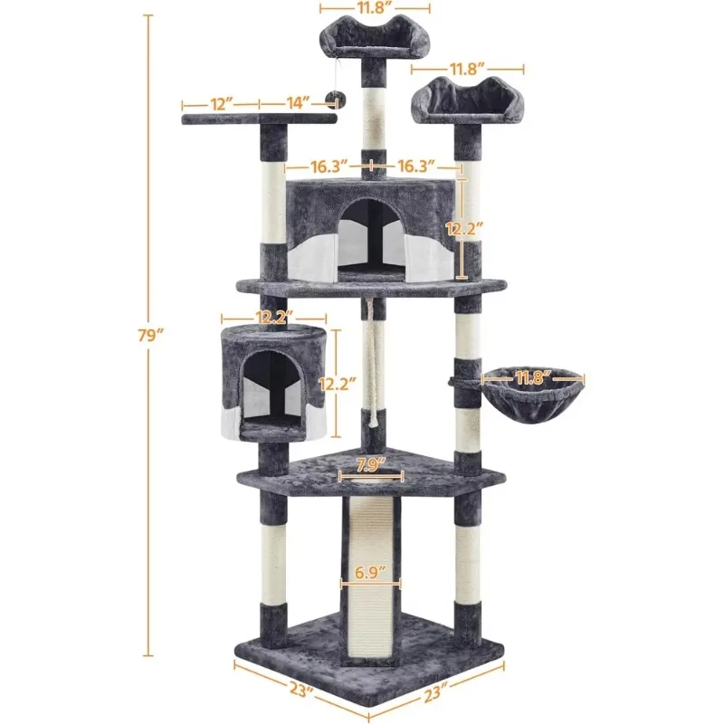 

79inMulti-Level Cat Trees Indoor Cat Tower with Sisal-Covered Scratching Posts,Plush Perches and Condo for Kittens,Cats and Pets
