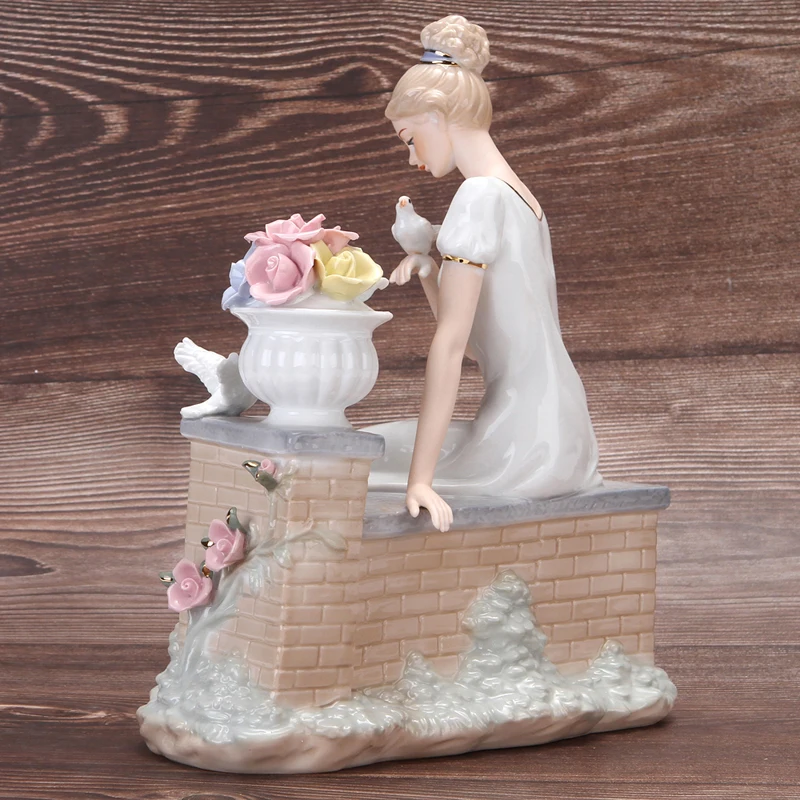 Vintage Porcelain Terrace Girl Miniature Ceramic Engagement Female Figurine Bedroom Decor Gift for Wife Ornament Pigeons Craft view 5