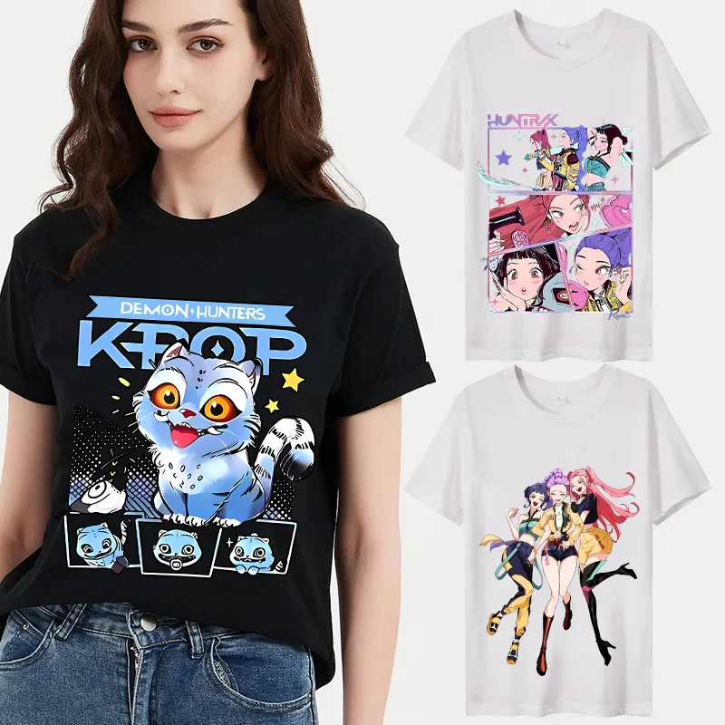

KPop Demon Hunters Tops Cute Derpy Tiger T-shirt Huntrix Cotton Short Sleeve Women Men Tees Harajuku O-neck Casual Shirts Gift