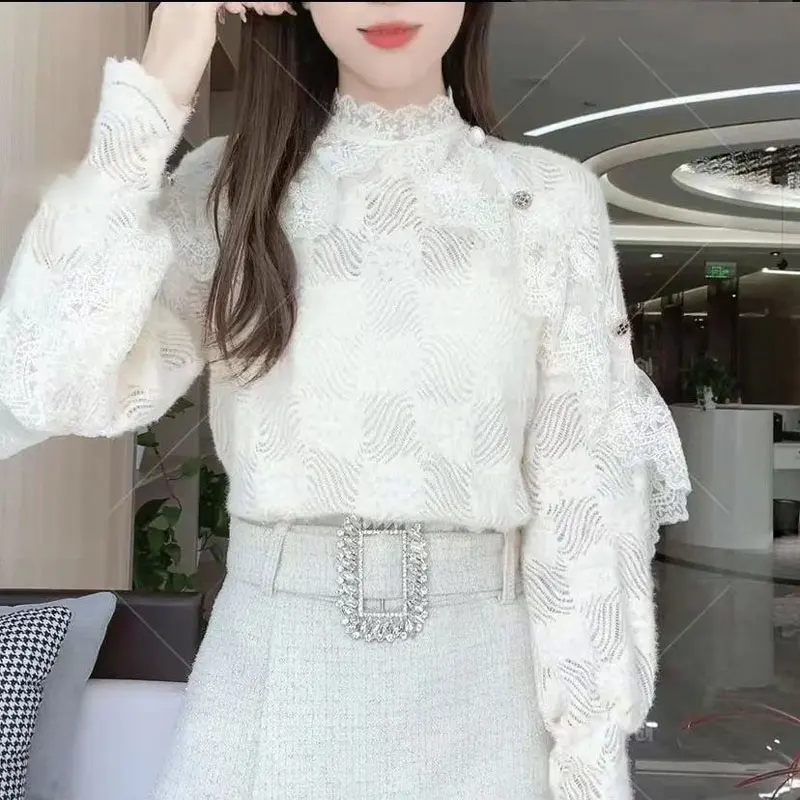 Vintage Lace Hollow Out Blouse Ruffles Spliced Women\'s Clothing Long Sleeve Spring Autumn Fashion Button Half High Collar Shirt