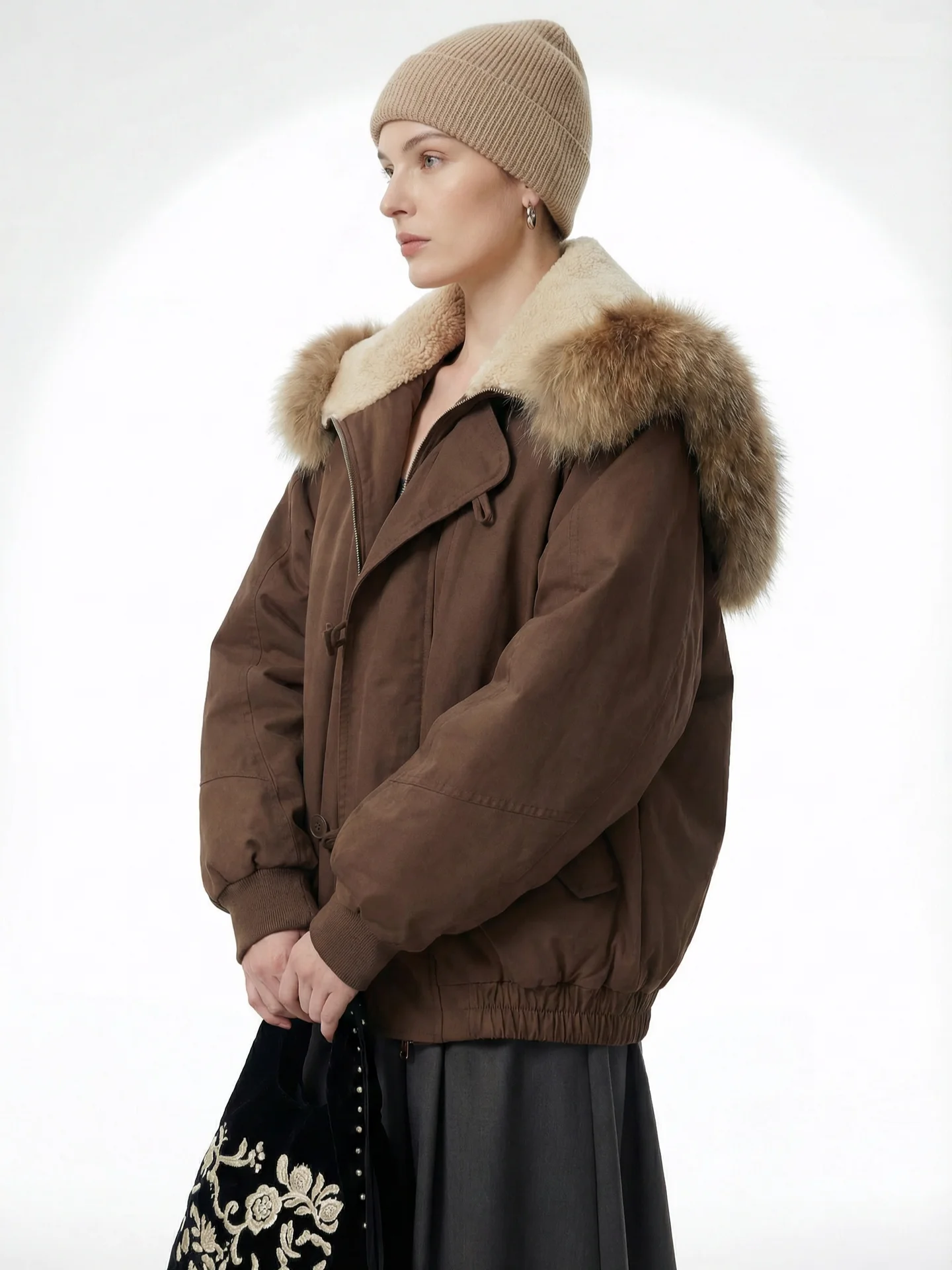 

Winter Commute Casual Sle down Jaet with Large Collar And Hat Brown Color Windproof Waterresistant Fur Trimmed Button Detail