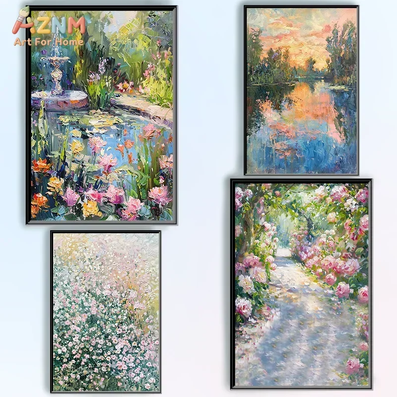 AZNM Vintage Flower Garden Landscape Wall Art Canvas Print Unframed Monet Style Lily Pond Sunset Painting Impressionist Floral P