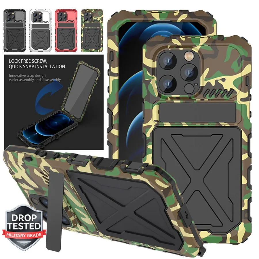 

Phone Cases For iPhone 14 Pro Max 14 Plus Aluminum Military Metal Bumper Screen Protector Stand Shockproof Silicone Back Cover