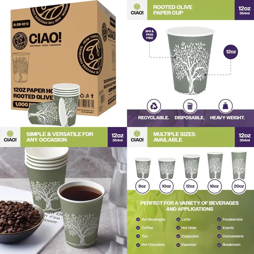 

CIAO! 12oz Paper Hot Cup, Rooted Olive Print, (Case of 1,000)