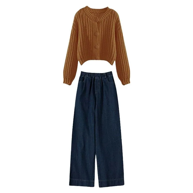 Women's Spring Autumn Vintage Short Sweater Cardigan Denim Wide Leg Pants Two Piece Suits Lady Korean Knit Tops Jeans Outfits
