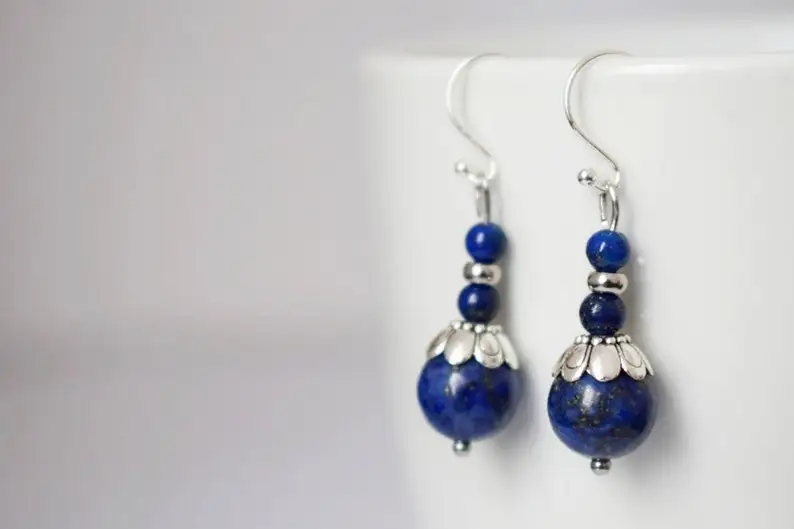 Lapis lazuli earrings in 925 silver hooks, Blue gemstone dangle and drop earrings, September birthstone lapis jewelry,