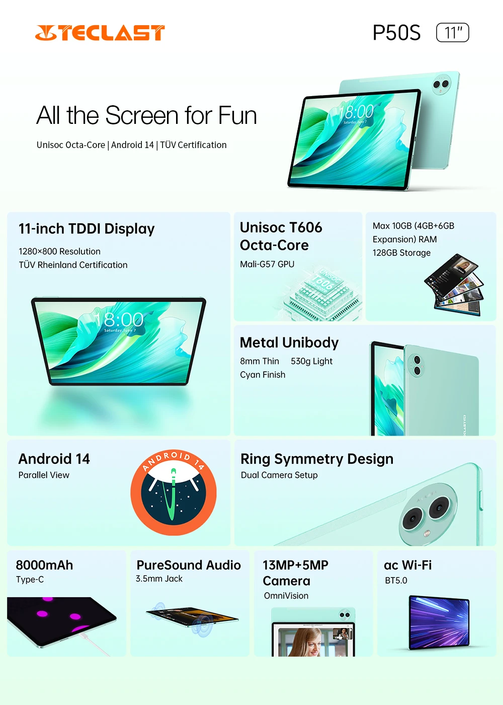 Teclast P50S Set Tablets PC 11'' TDDI Max.12GB RAM 128GB ROM Unisoc T606 Octa Core Android 14 Widevine L1 8000mAh 13MP+5MP