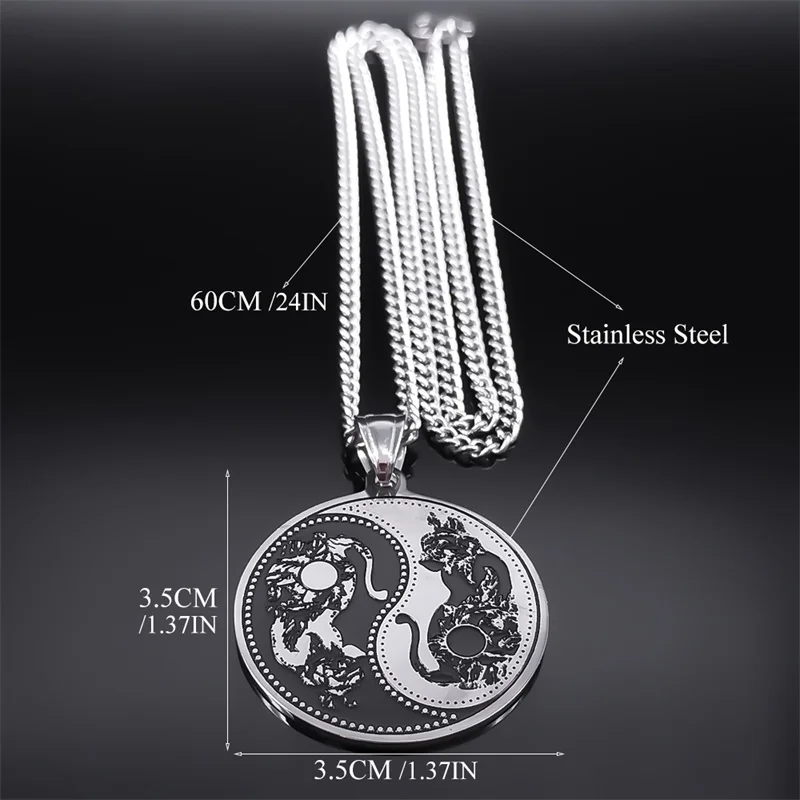 Yin Yang Cat Tai Chi Taoism Pendant Necklace for Women Men Stainless Steel Round Hip Hop Punk Chain Necklaces Jewelry N2521S05