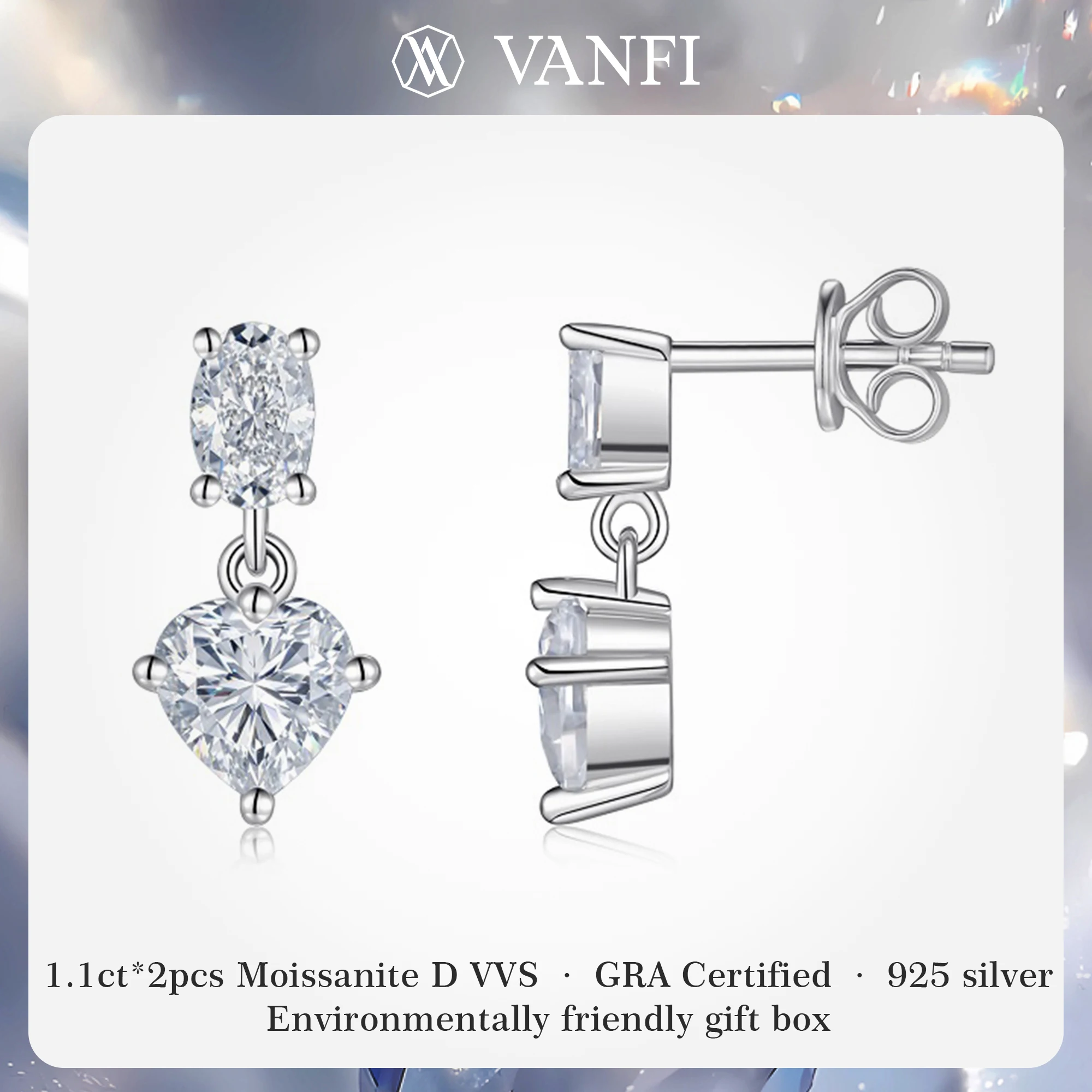 

Kfvanfi GRA certified lab moissanite 1ct s925 silver luxury women's earrings plated with white gold banquet shining fine jewelry