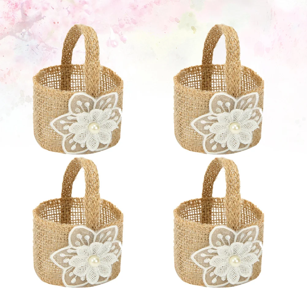 

4pcs Burlap Candy Basket Lightweight Wedding Gift Basket For Flowers Candies Storage Elegant Banquet Decor Linen Holder