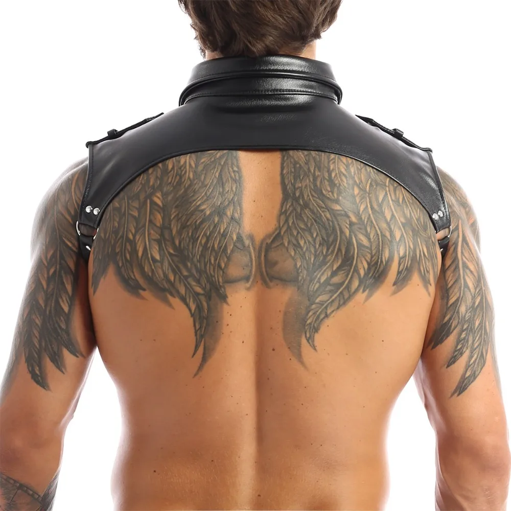 Men\'s Black Leather Harness Sexy Collar Male Adult Erotic Costumes Role Play Chest Belts Club Dancer Gogo Boy Stripper Outfits