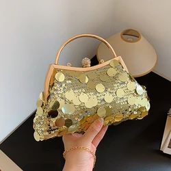 Luxury Gold Silvery Evening Bag For Women Fashion Shiny Sequin Handbag Designer Shell Clip Purse Chain Shoulder Crossbody Bag