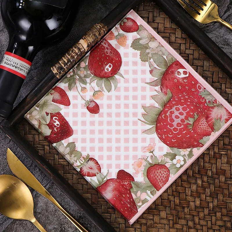20Pcs 33x33cm Square Strawberry Printed Paper Tissue Disposable Tableware Napkin Birthday Party Decoration