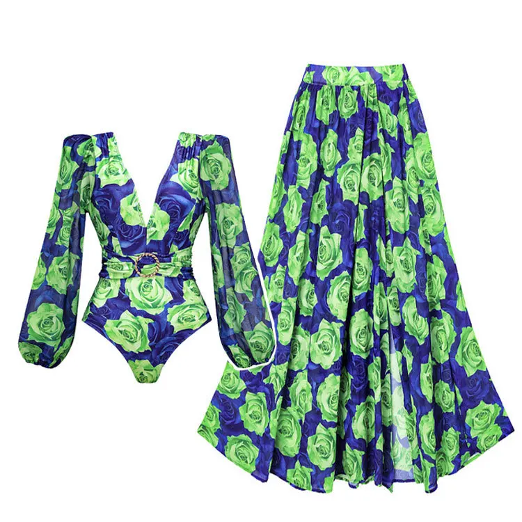 

Long Sleeve Women 2 Pieces Swimsuit V-neck One Piece Swimsuit and Long Pant or Skirt Floral Swimwear Fashion Beach Bathing Suits