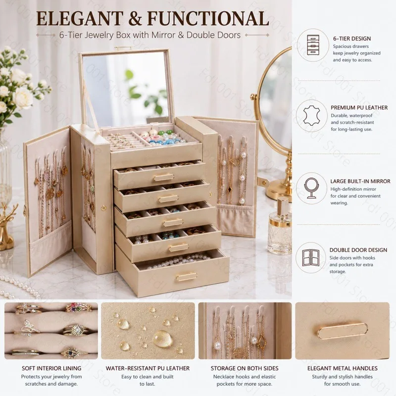 Luxurious Large-capacity Jewelry Box with Mirror Drawer-style Earring Necklace and Jewelry Storage Durable Elegant