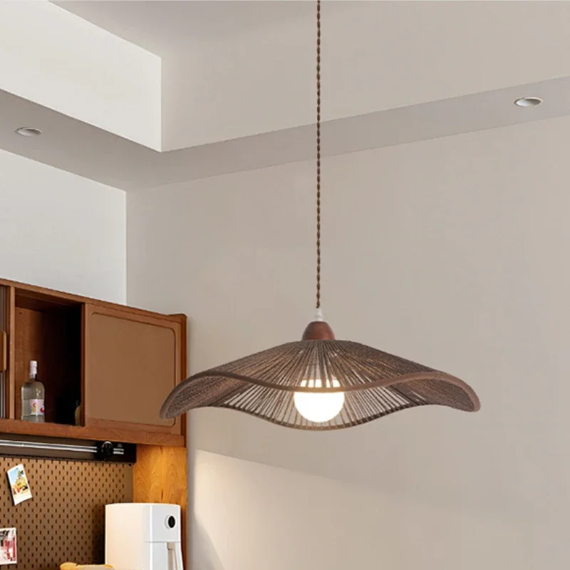 

SANDYHA Retro Japanese Walnut Pendant Light Hemp Rope Hanging Lamp LED Chandelier for Home Decor Bedroom Living Room Dining