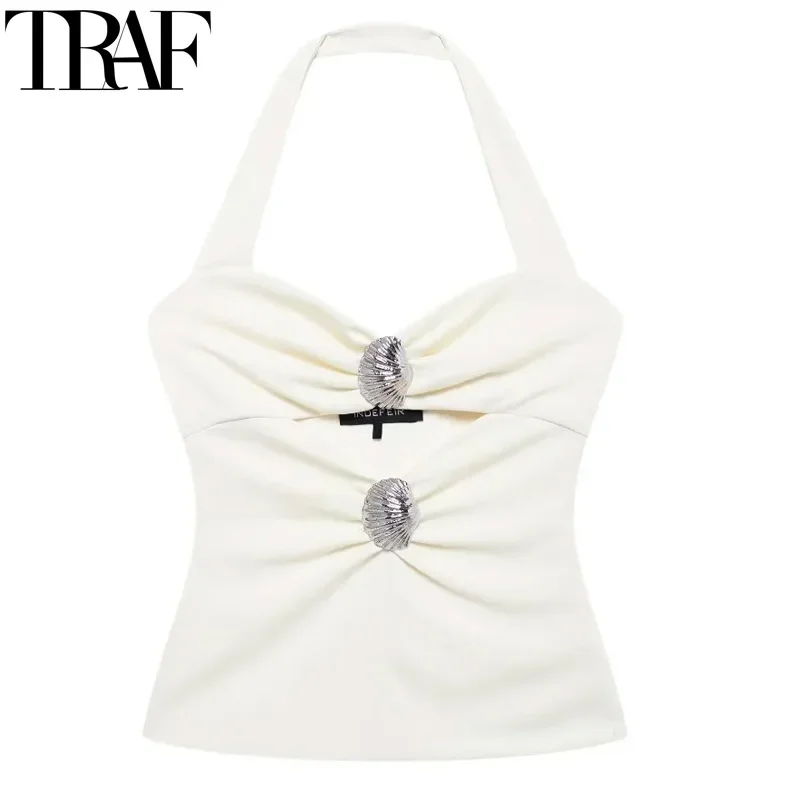 TRAF 2024 Halter Neck Off White Top Woman Pleated Cut Out Top Female Off Shoulder Crop Tops Women Summer Backless Sexy Tops