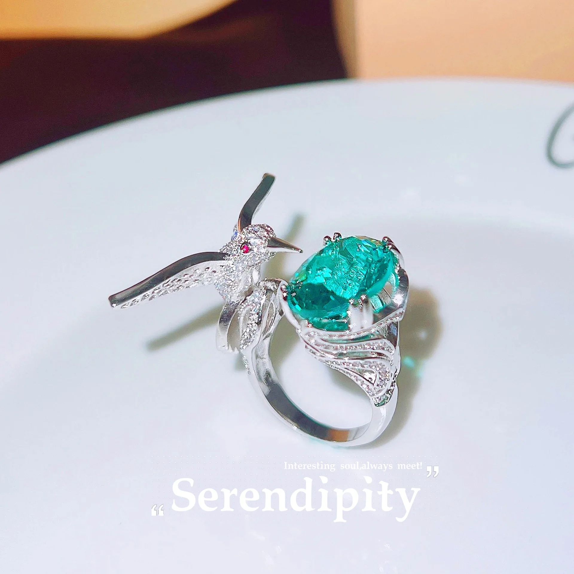 S925 Sterling Silver Open Ring with Aquamarine Hummingbird and Crystal Colored Gem Elegant Jewelry Gift for Women and Teen Girls view 4