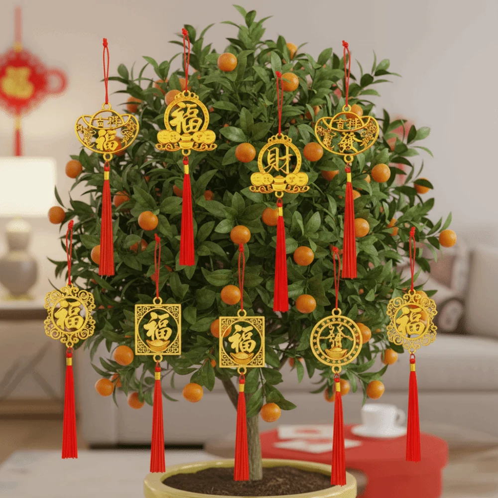 6/10Pcs Gold Chinese New Year Pendant Waterproof Good Luck Spring Festival Bonsai Pendant Wealth with Tassel