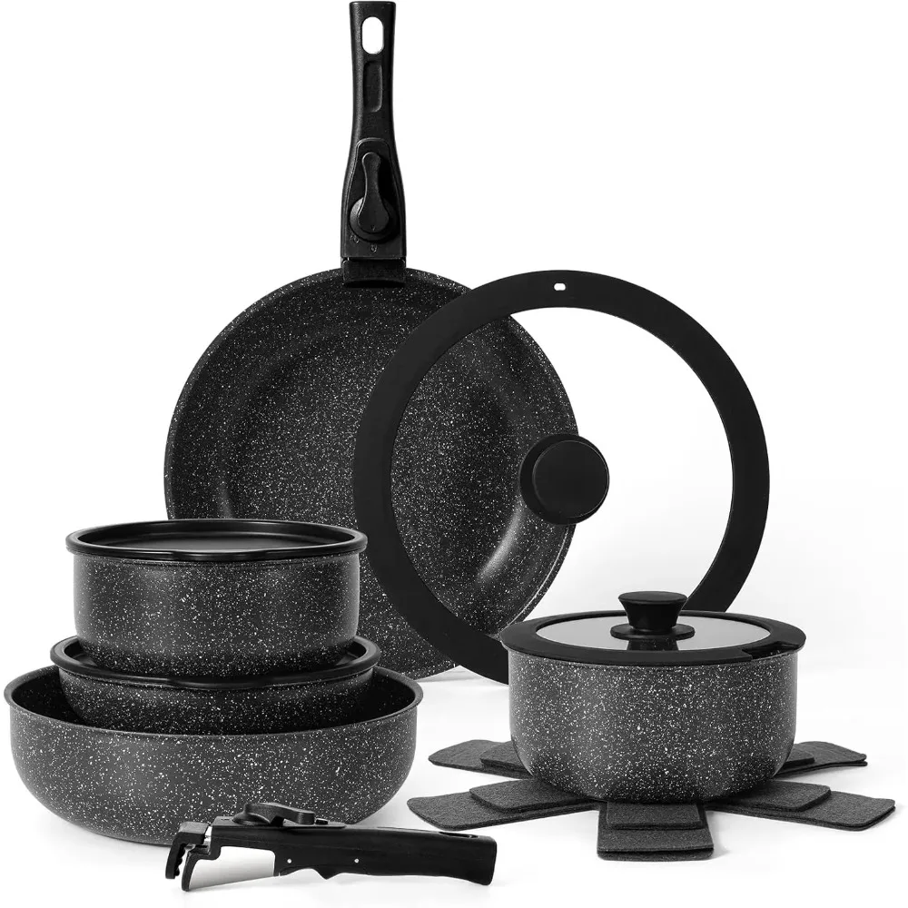 

15Pcs Pots and Pans Set Non Stick, Cookware Sets with Detachable Handle, Nonstick RV Kitchen Cooking Set Removable Handles, Oven