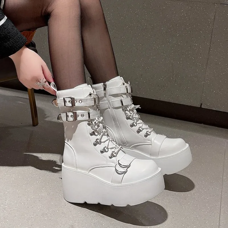 

Women Mid-calf Boots Fashion Rivet Buckle Punk Style Boot Gothic Thick Sole Boots Brand Leather Boot Cosplay Women Platform Boot
