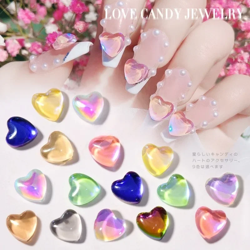 30Pcs Heart Shape Glass Rhinestones Macaron Iridescent Shiny Crystal Nail Charms DIY Manicure Decoration Accessories