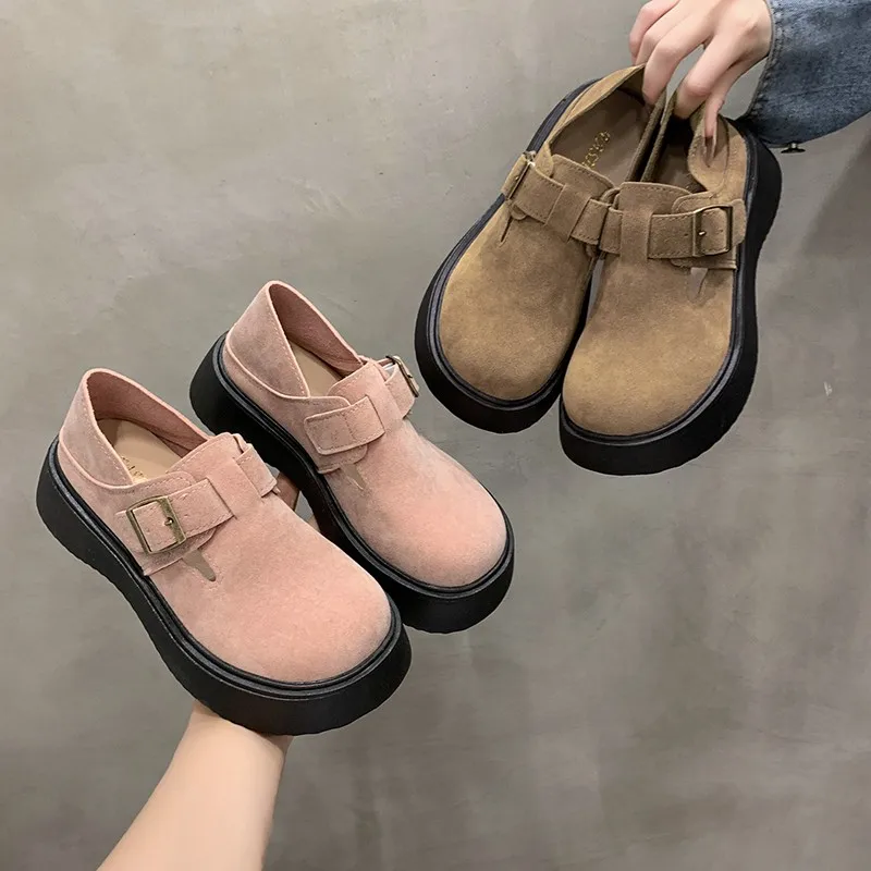 Women Platform Shoes 2024 Spring Fall High-heel Retro Women Loafers Casual Genuine Leather Suede Mules for Ladies Platform Shoes