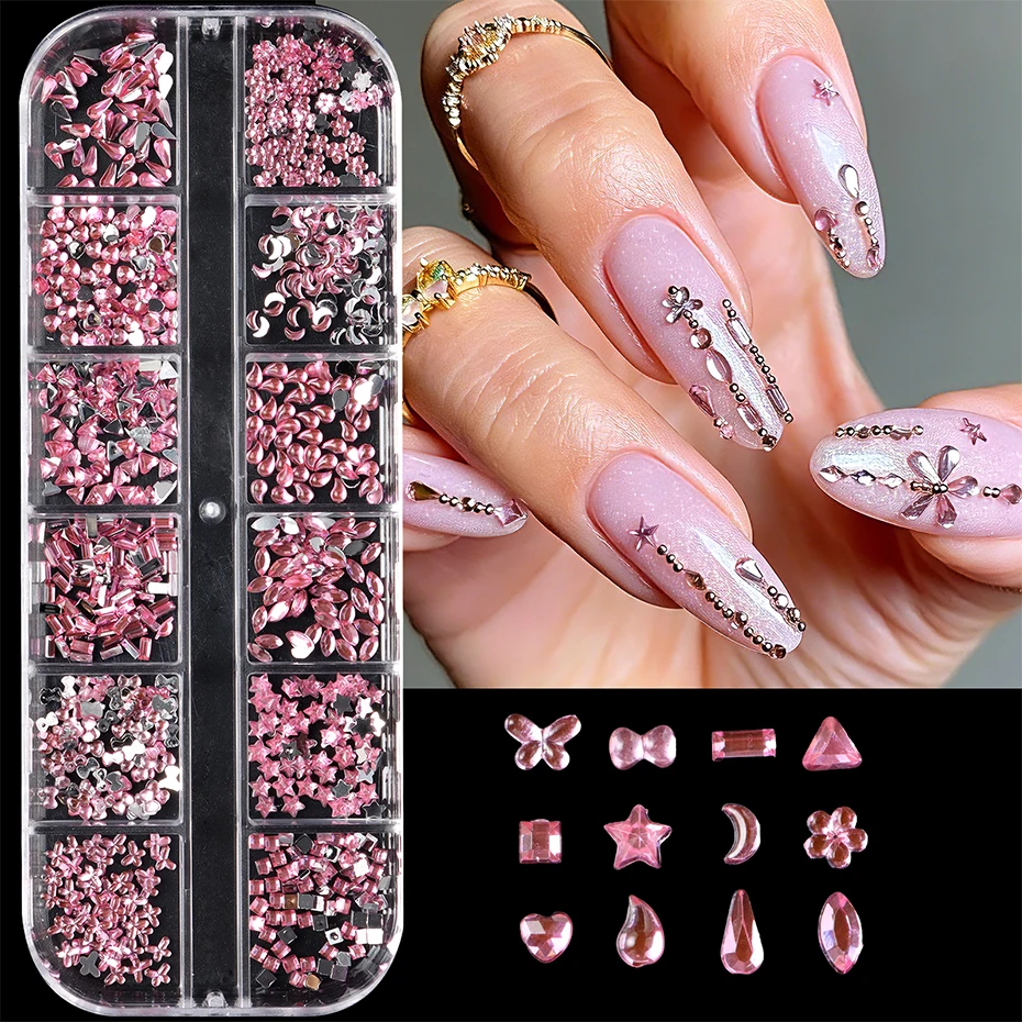 12 Gitter Rosa Strass-Nagelcharms Schmetterling Stern Mond Herz Dreieck Kristall-Edelsteine Nagelkunst-Schmuck Dekorationen Zubehör