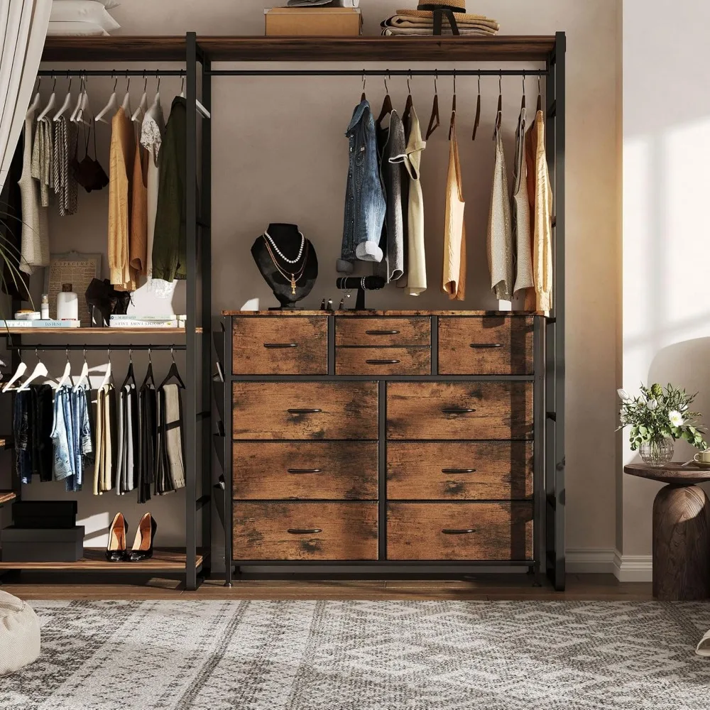 خزانة تخزين قماش ذات 10 أدراج مع جيوب جانبية وإطار معدني لتنظيم غرف النوم