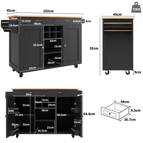 Zwart rollend keukeneiland 102x45x92cm met houtnerfafwerking & buffetopbergruimte voor multifunctioneel gebruik