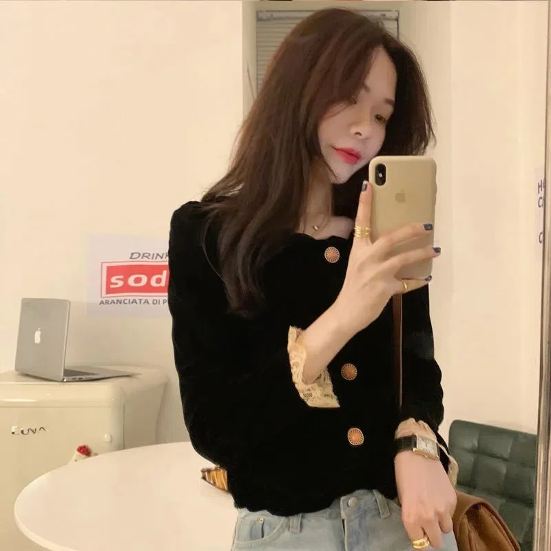 

Женская кофта больших размеров с кружевной отделкой, тонкая флисовая подкладка, свободный крой, осенне-зимний повседневный стиль, корейский дизайн, круглый вырез, длинный рукав