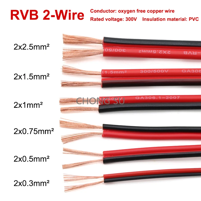 

1M~100M RVB 2-Wire Electric Cable Strand 0.3/0.5/0.75/1/1.5/2.5mm2 Twin Red/Black Electric Cable Vehicle Line Car Cable Flat