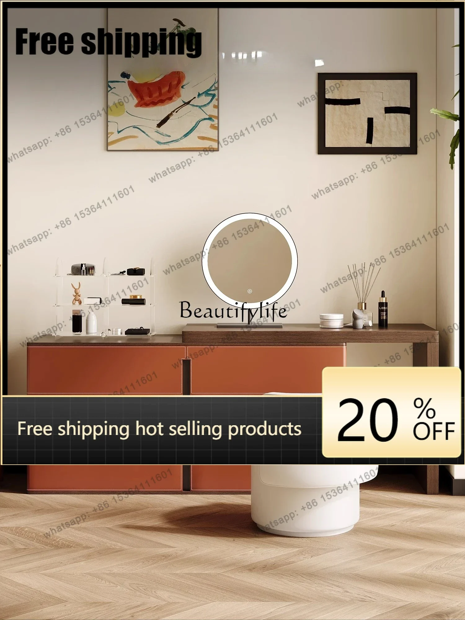 

X4 Italian minimalist dresser, chest cabinet integrated, saddle leather retractable cosmetic table, storage cabinet integrated
