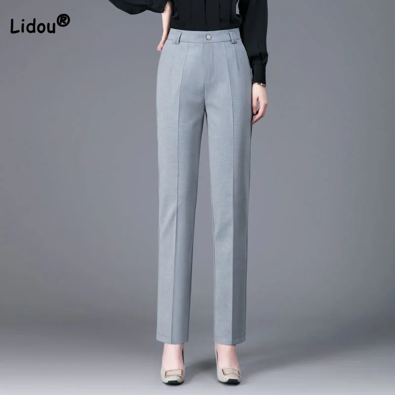 

Summer Thin for Women Button Patchwork Pockets Straight Long Trousers Office Lady Solid Color Higt Waist Nine Points Suit Pants