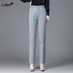 Summer Thin for Women Button Patchwork Pockets Straight Long Trousers Office Lady Solid Color Higt Waist Nine Points Suit Pants