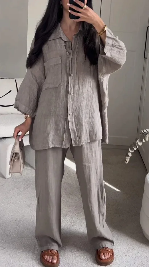 

Casual Cotton Linen Two Piece Set Loose Lapel Long Sleeve Button Pocket Shirt Fashion Wide Leg Pants Suit Women Autumn New