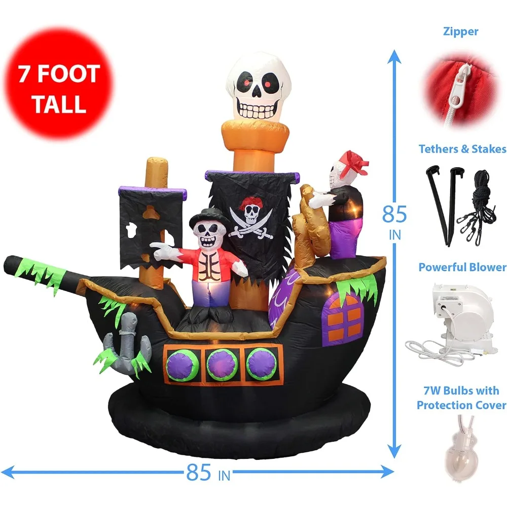 7 Foot Halloween Inflatables Outdoor Decorations, Skeletons Ghosts Pirate Ship, Giant Blow Up Lighted Halloween Decorations