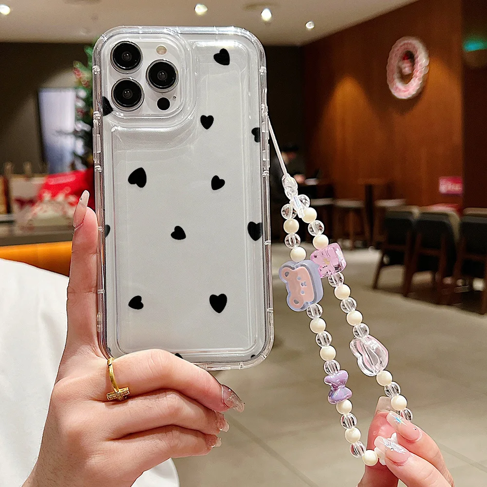 3D Flower Pearl Chain Phone Case For iPhone 11 12 13 14 15 Pro Max XR X XS SE 2022 2020 7 8 15 Plus Case With Lanyard Soft Cover image 5