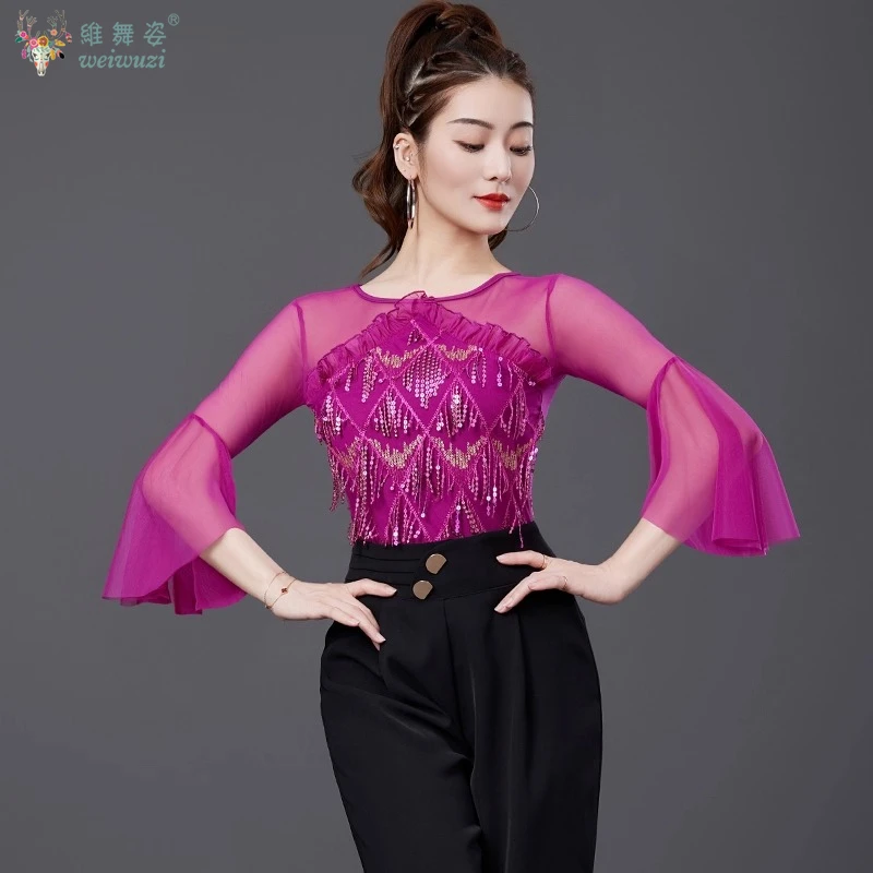 

Одежда для латинских танцев, удобный сетчатый топ с блестками и половиной рукавов, женский костюм для танго, ча-ча, вальса, одежда для социальных танцев