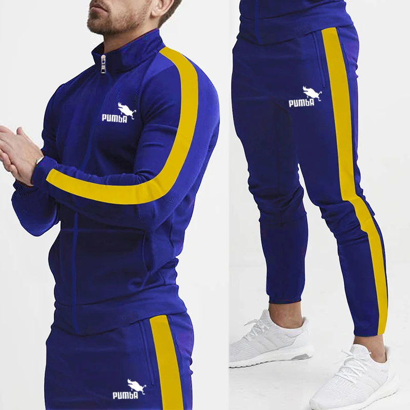 European and American men\'s heavyweight casual sports and fitness suit with stand up collar, long sleeved pants set