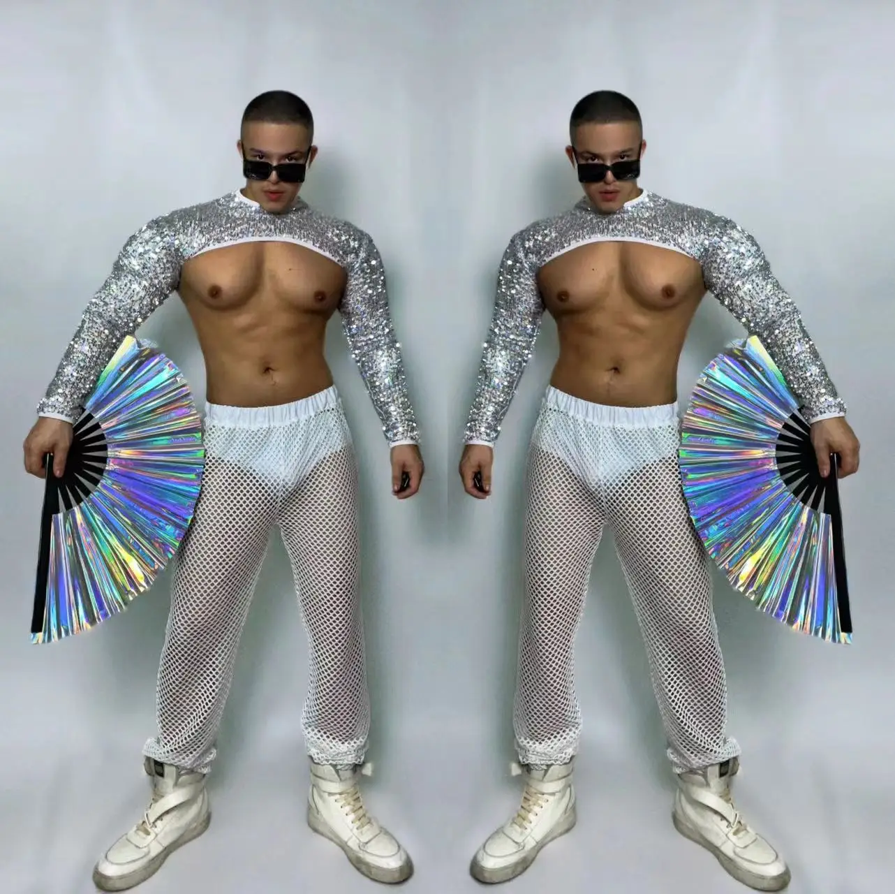 

Nightclub Gogo Dance Costume Sexy Sequins Tops Mesh Pants Rave Outfit Muscle Man Pole Dancing Clothes Hip Hop Dancewear VDB5815