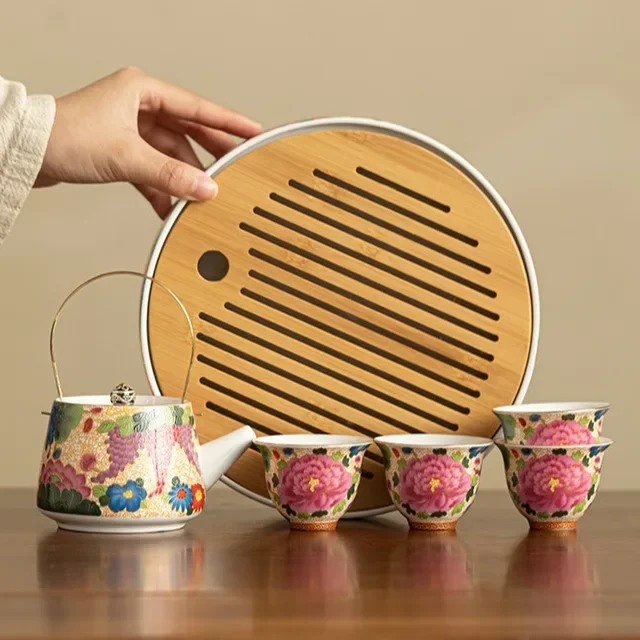 Colorful Handmade Enamel Teapot Kung Fu Tea Set Household Chinese Teapot One Pot Four Cups Tea Tray Teapot Tea Cup Multicolor