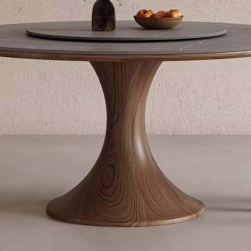 Luxury Sintered Stone Round Dining Table With Rotating Lazy Susan Sturdy Wood Pedestal Scratch-Resistant For Dining Room