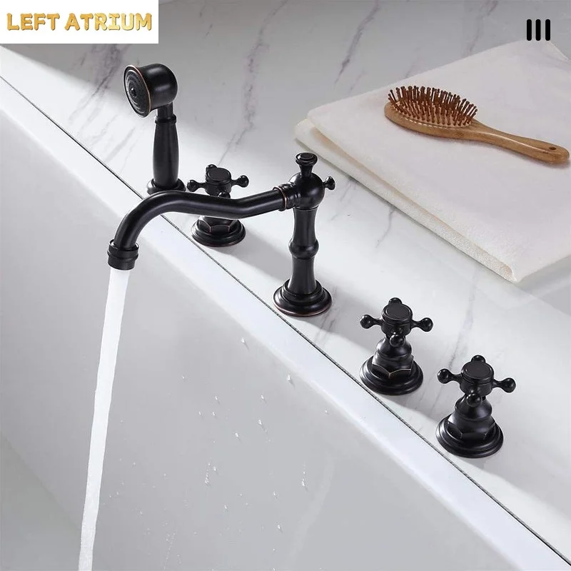 Vintage Brass Bath Faucet Five-Piece Set: Five-Hole Separate Hot and Cold Water Faucets and Shower Head for the Bathroom