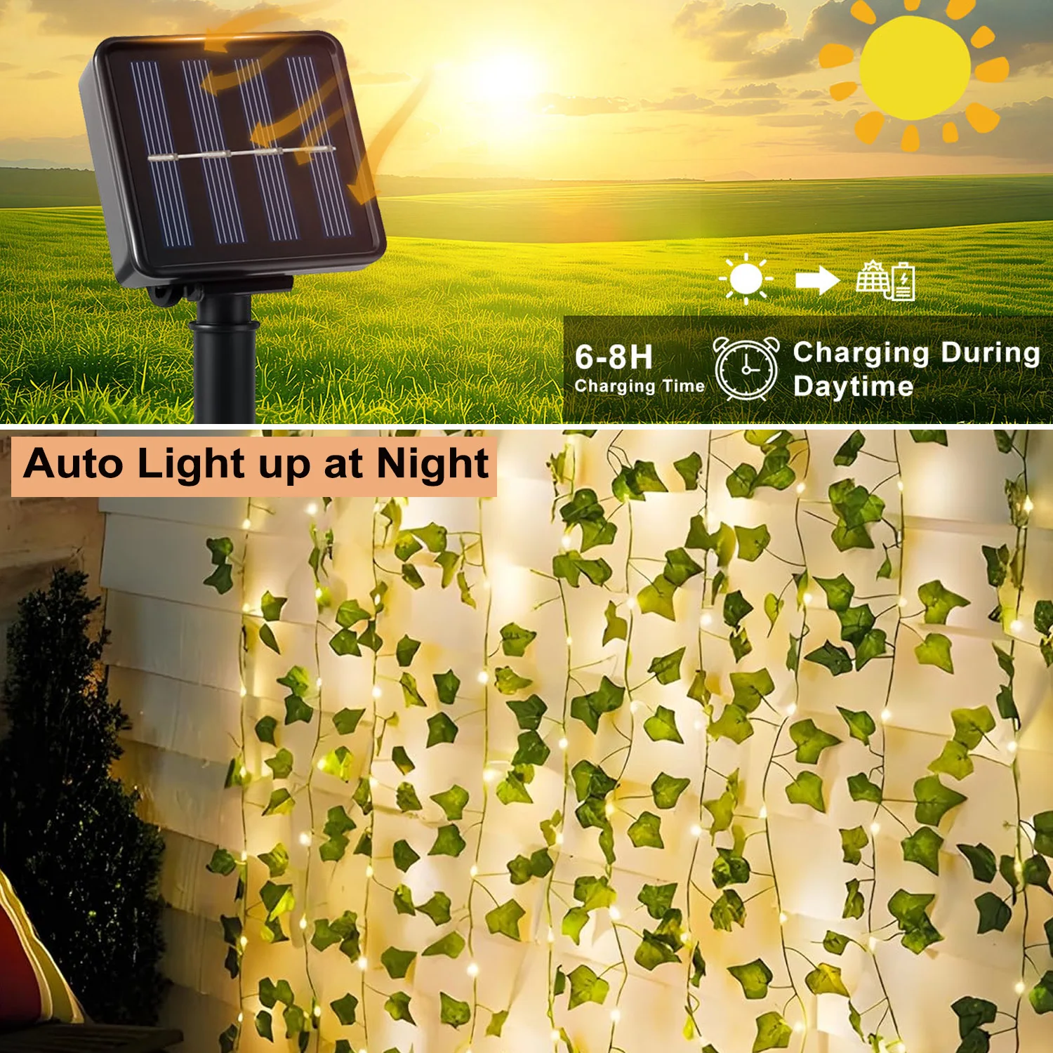 1/2 Stück, 5 m/10 m lange, hängende Girlande mit 50/100 LED-Lichterkette, 5 m/50 LED Solar-Feenlichter mit künstlichen Efeublättern, Weihnachts- und Feiertagsdekoration, Solar-Pflanzen-Girlanden für