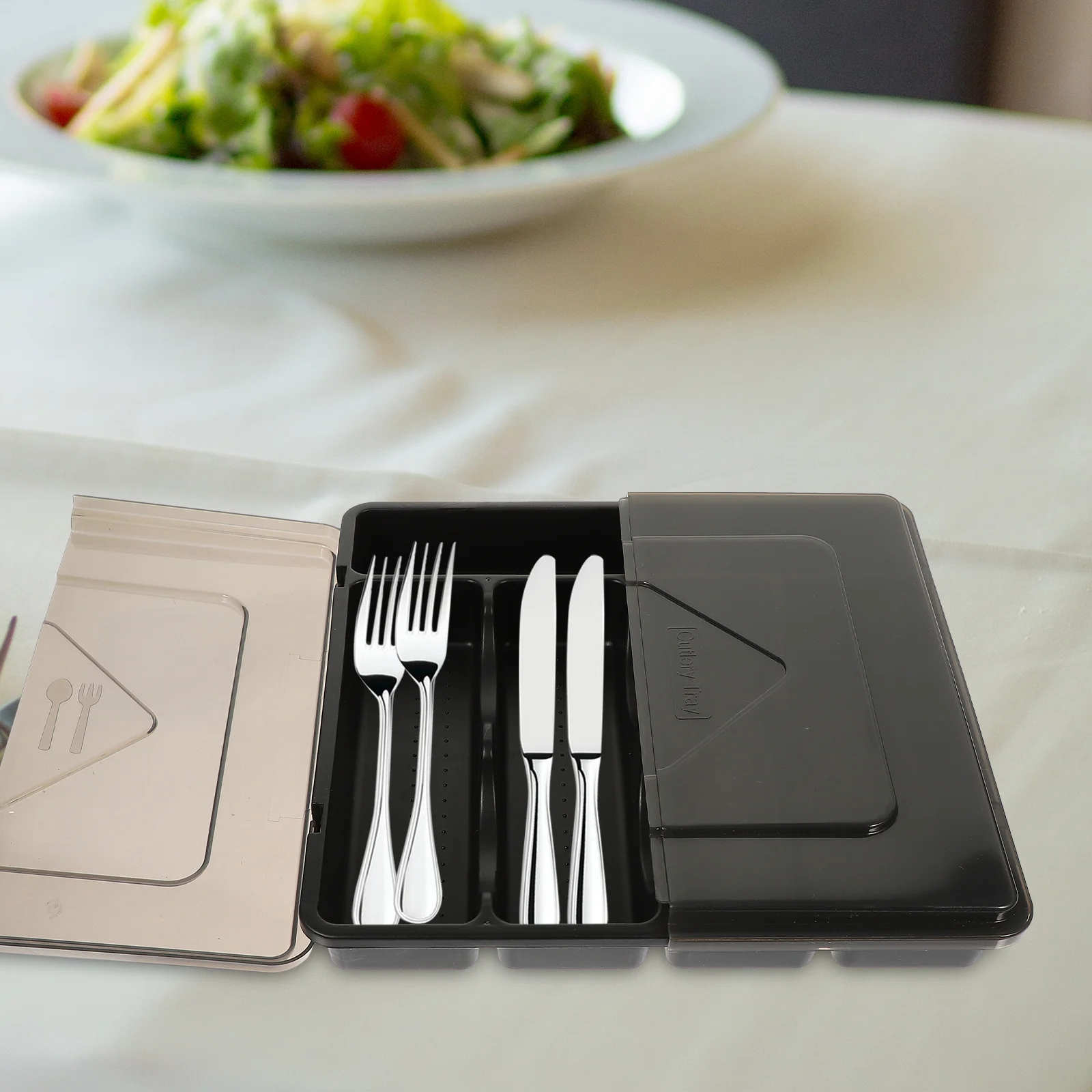 

1pc Silverware Organizer Drawer Box With Lid Cutlery Storage Case Multiple Compartments Kitchen Utensil Holder Pp Material