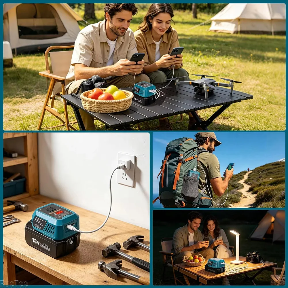100W Battery Converter Hub, Dual USB‑A USB‑C Output, Compatible with 18V Milwaukee Makita Dewalt Bosch Tool Batteries 2